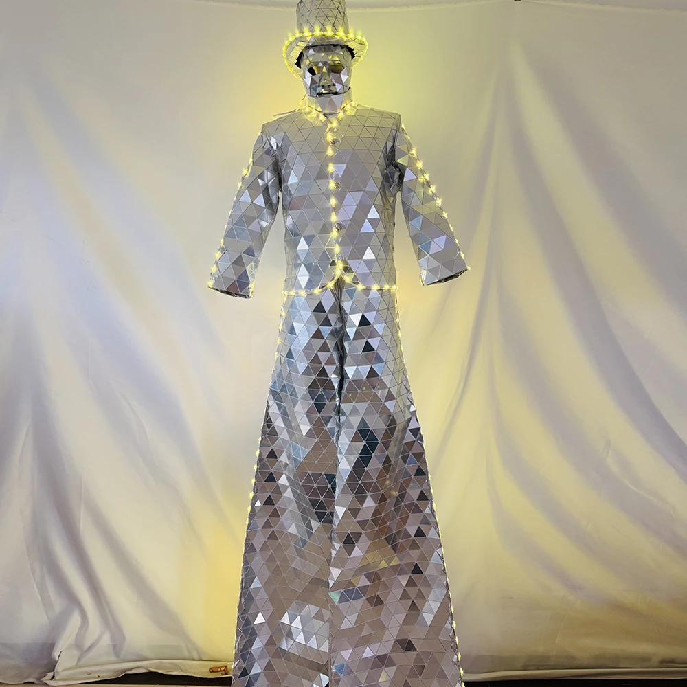 

LED Light up Halloween Costume Silver Mirror Rave Suit with Mask for Adults Men Women EDM Festival Party Cosplay Dance Performan