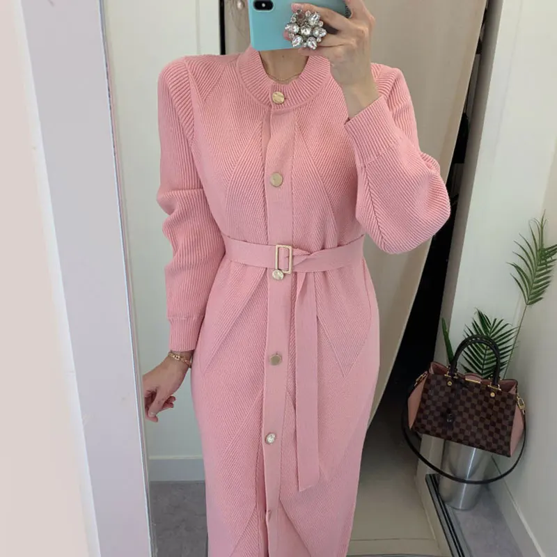 

Pink Single-breasted Knitted Warm Solid Elegant Vintage 2022 Sweater Dress Women Clothing Woman Dresses Winter Fall Korean Thick