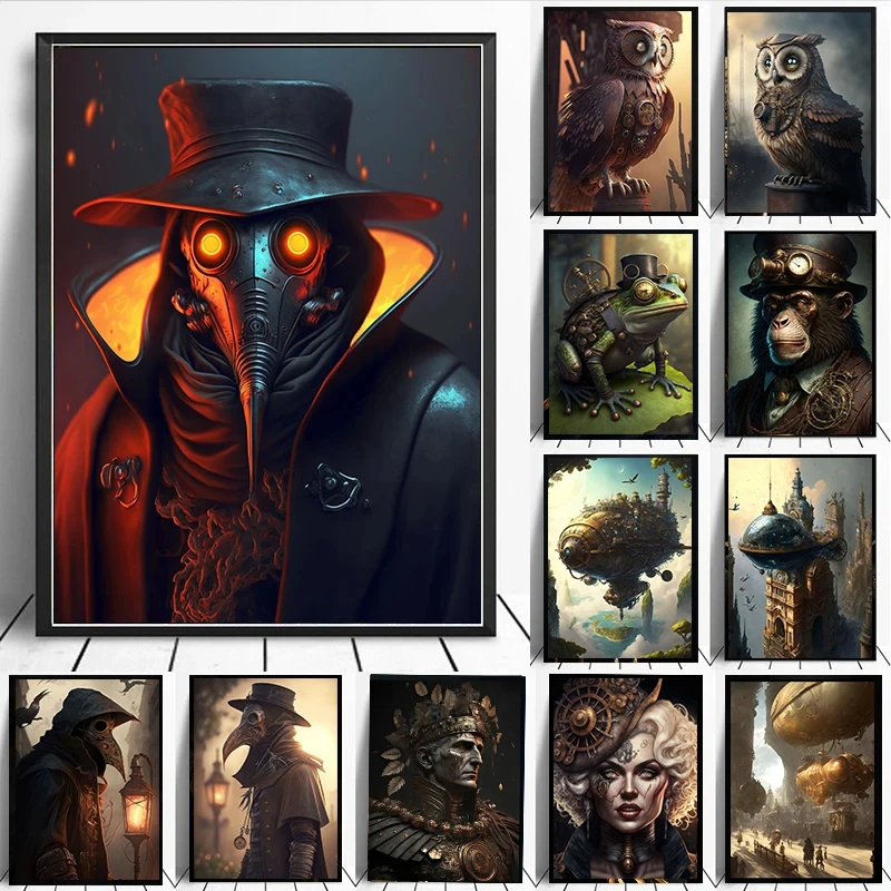 Vintage Steampunk Cat City Retro Animals Owl Raven Frog Monkey Wall Art Posters Canvas Painting Prints Pictures Home Room Dec