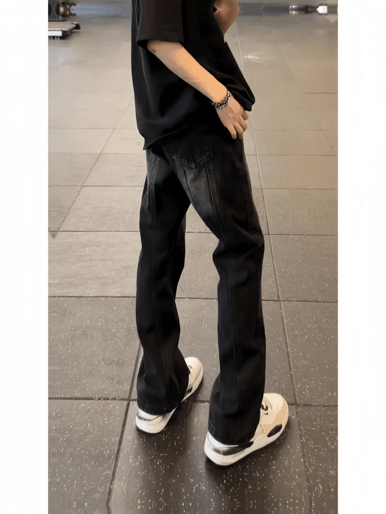 American High Street Vibe Men's Spring Autumn Workwear Jeans Straight Leg Micro Flare Long Trousers Retro Blue Denim Patchwork