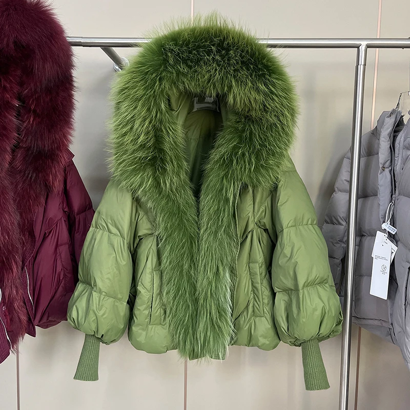 Hiver détachable naturel grand col de fourrure doudoune femme épaissir chaud lanterne manches veste femmes blanc canard vers le bas vêtements d'extérieur