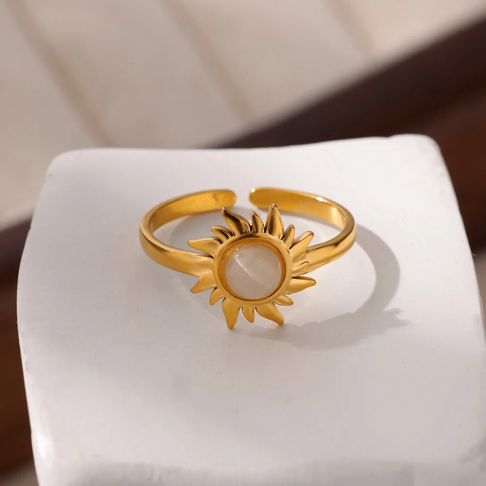 Stainless Steel Opal Sun Rings for Women Gold Color Vintage Imitation Pearl Adjustable Wedding Ring Aesthetic Fashion Jewelry