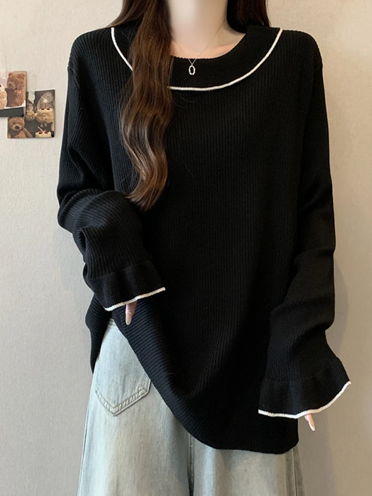 여성용 오버사이즈 라운드 넥 컬러 블록 니트웨어 겨울 신상품 롱 슬리브 다용도 편안한 스웨터