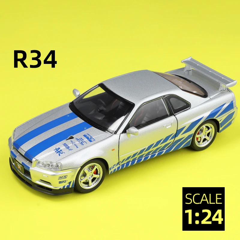 

Имитация литого под давлением модель автомобиля GTR-R34 из сплава 1/24 со звуком и светом, откат вперед, детские игрушки, подарки для мальчиков