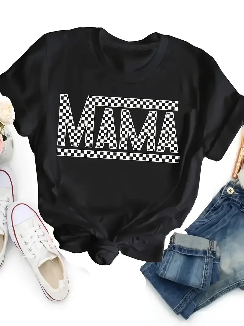 

Plus Size Plaid Mama Letter Print T-Shirt, Casual Crew Neck Short Sleeve Top For Spring & Summer, Women's Clothing