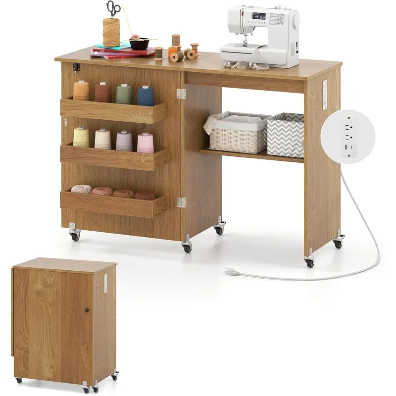 Folding Sewing Table with Charging Station Storage Trays Shelf