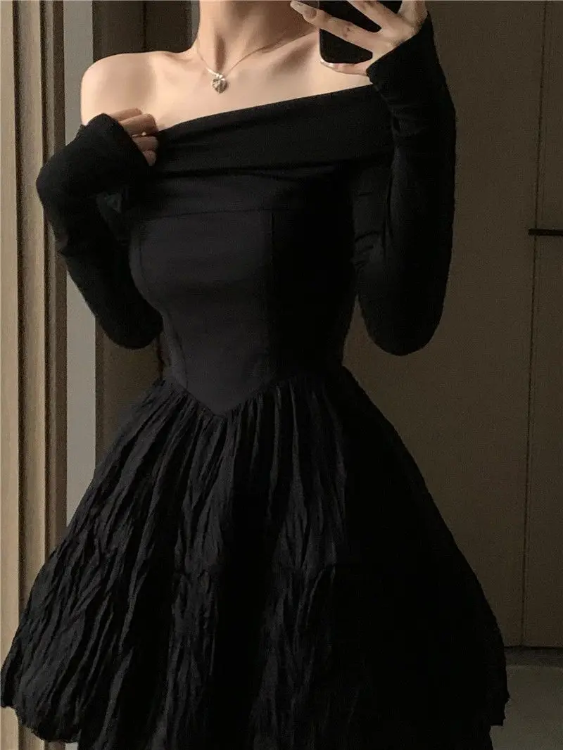 Sexy And Sweet Princess Style Solid Black White Slash Neck With Flods Mini Slim Thin Dresses Long Sleeve Soft Breathable