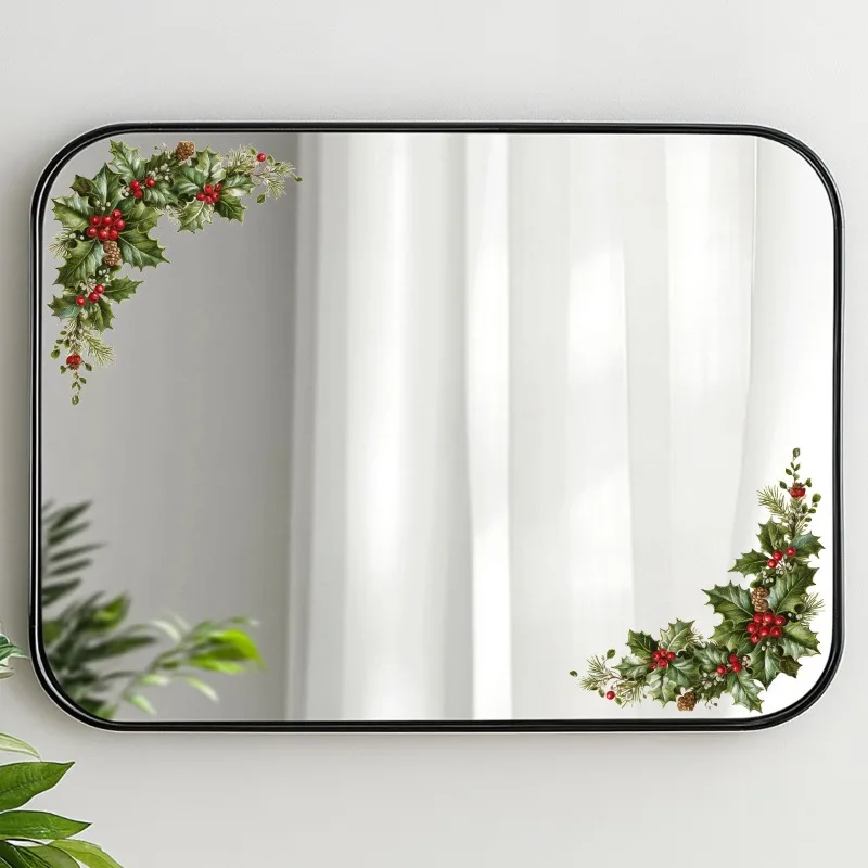Full Transparent Holly & Red Berry Corner Flower Sticker Diagonal Holly Branches Red Berries with Pine Cones Self-Adhesive