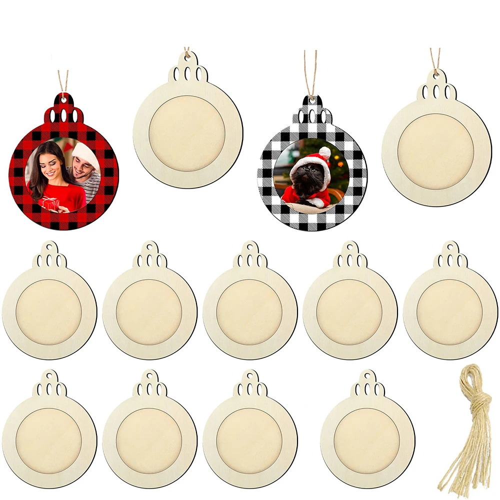 10pcs Christmas Picture Frame Ornaments Wooden Unfinished Frame Photo Hanging Ornament Christmas Ball Painting Set for DIY