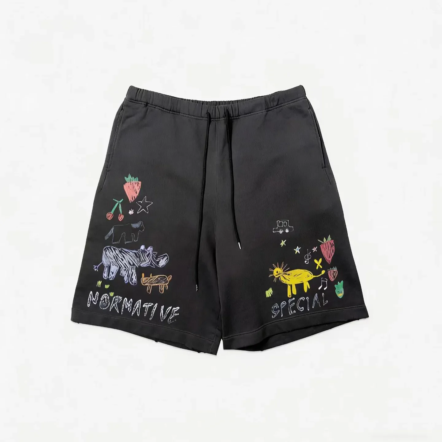 Cartoon style graffiti black elastic waist loose summer thin short casual pants