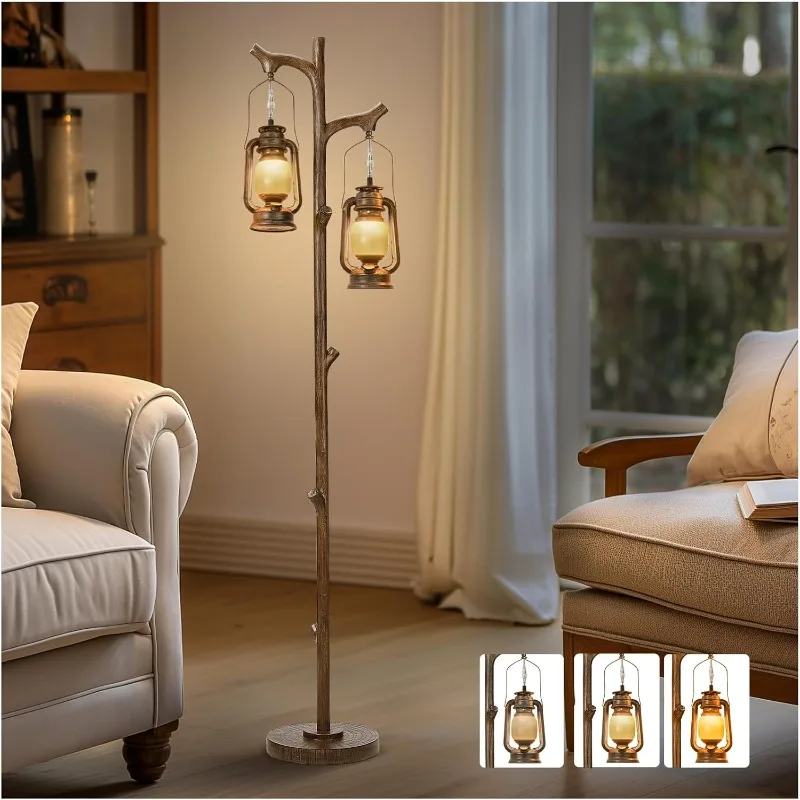 

68" Vintage Dimmable Floor Lamp, Standing Lamp with Classical Lanterns, Rustic Tree Trunk LED Tall Corner Lamp with Wood Finish