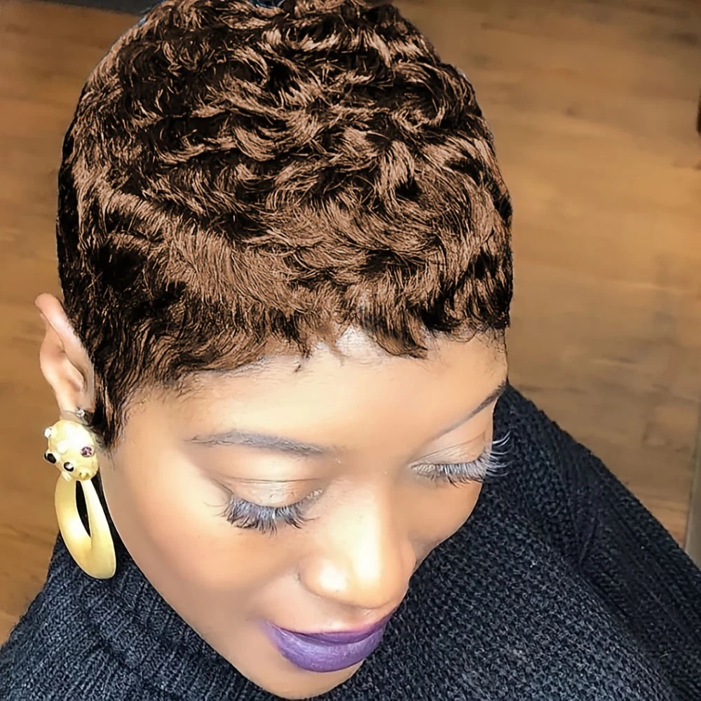 密度150% 4インチ ピクシーカット カールウェーブ 人毛ウィッグ 女性用 フルマシンメイド ウィッグ デイリーユース パーティー用