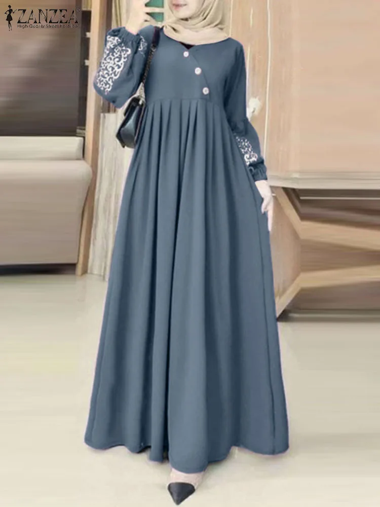 ZANZEA Fashion Turkey Muslim Dress Vintage Eid Mubarek Vestidos Woman Long Sleeve Neck Dresses Elegant Party Sundress Oversized