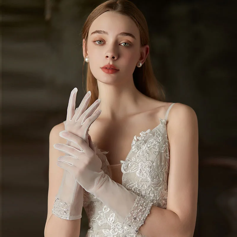 WG122 Elegant Sequined Pearls Beading Elbow Gloves Plain Tulle Finger Wedding Pageant Prom Women Gloves