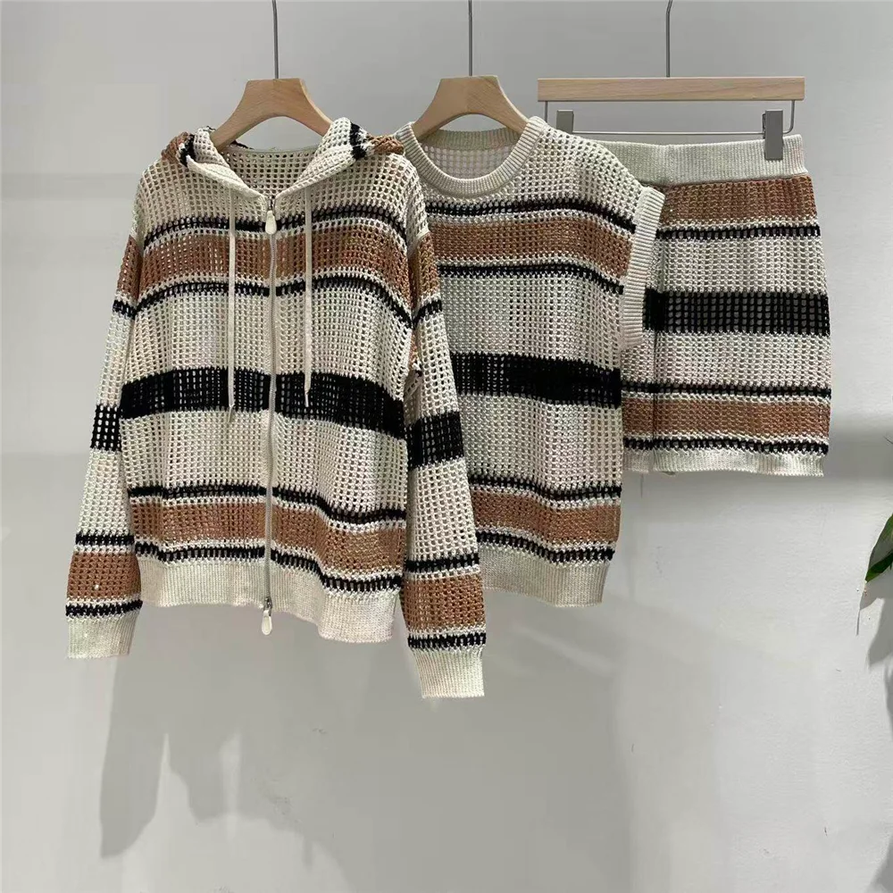 Women's Casual Three-Piece Set Hooded Open-Knit Cardigan/Short-Sleeve Top/ Shorts Suit