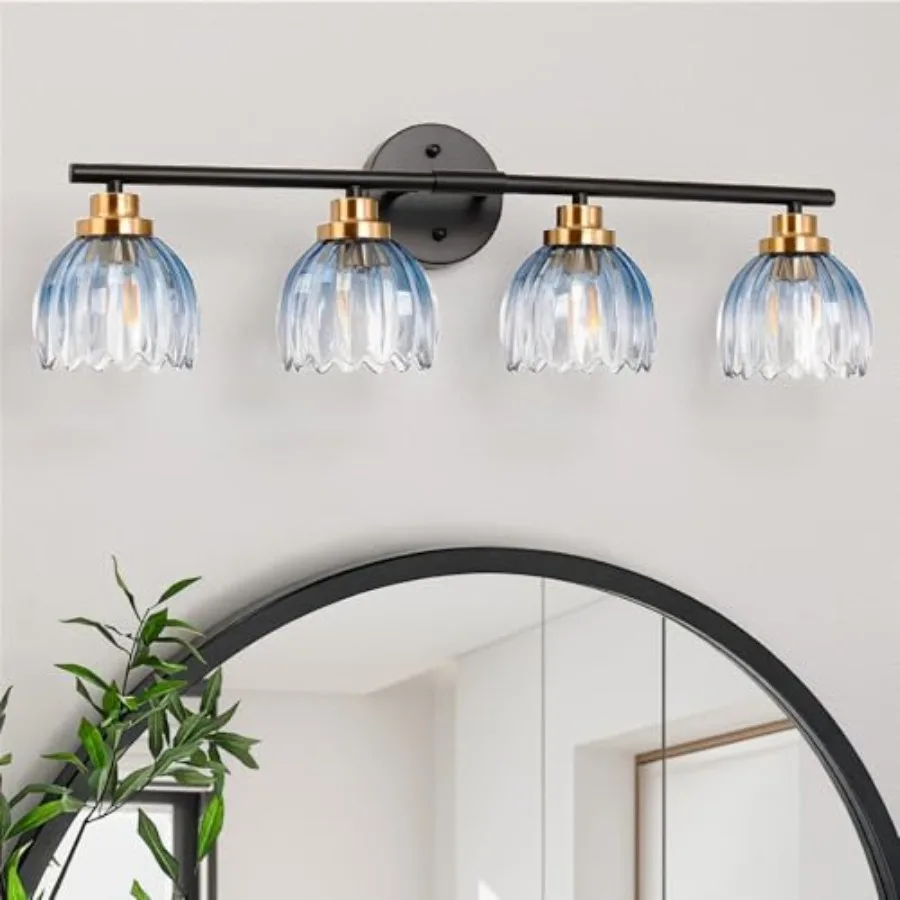 

Bathroom Vanity Light Fixtures, Black and Gold Wall Lights for Mirror with Gradient Tulip Glass Shades, Over Sink Lighting for