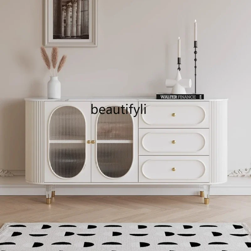 

French solid wood rock slab dining side cabinet, living room against the wall, integrated cream wind storage, modern simplicity0