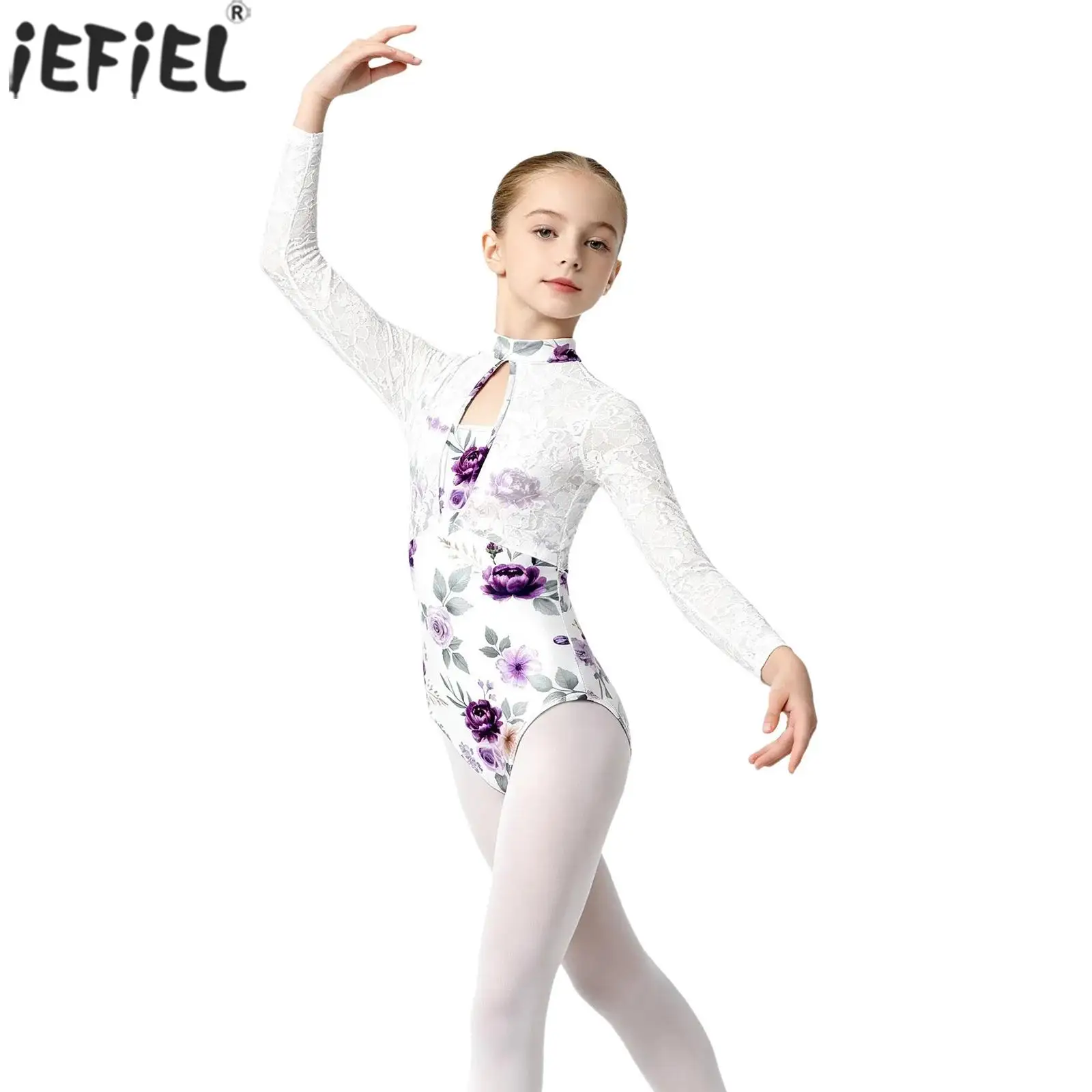 Kids Girls Gymnastics Leotard Ballet Jersey Figure Skating Performance Costume Long Sleeve Cutout Floral Lace Bodysuit Dancewear