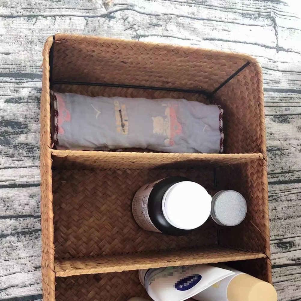 

Seaweed Woven 3-Compartment Desktop Storage Box Natural Fragrant Basket Storage Organizer Yellow