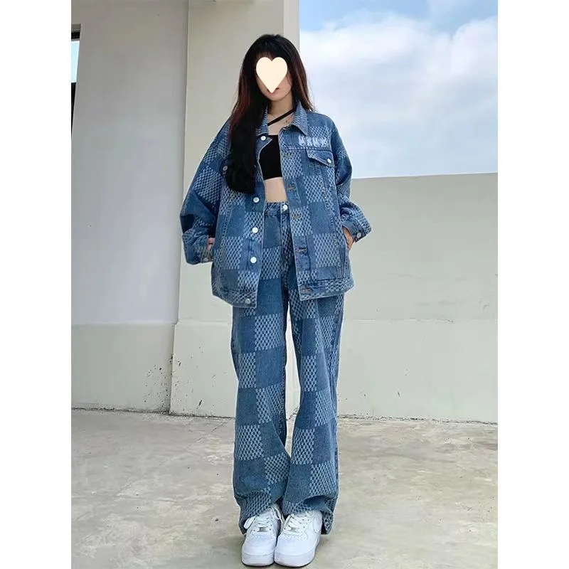 Autumn Denim Set Men Women Plaid Patchwork Lapel Denim Jacket Wide Leg Straight Jeans Mens Casual Loose Two Piece Suit Unisex