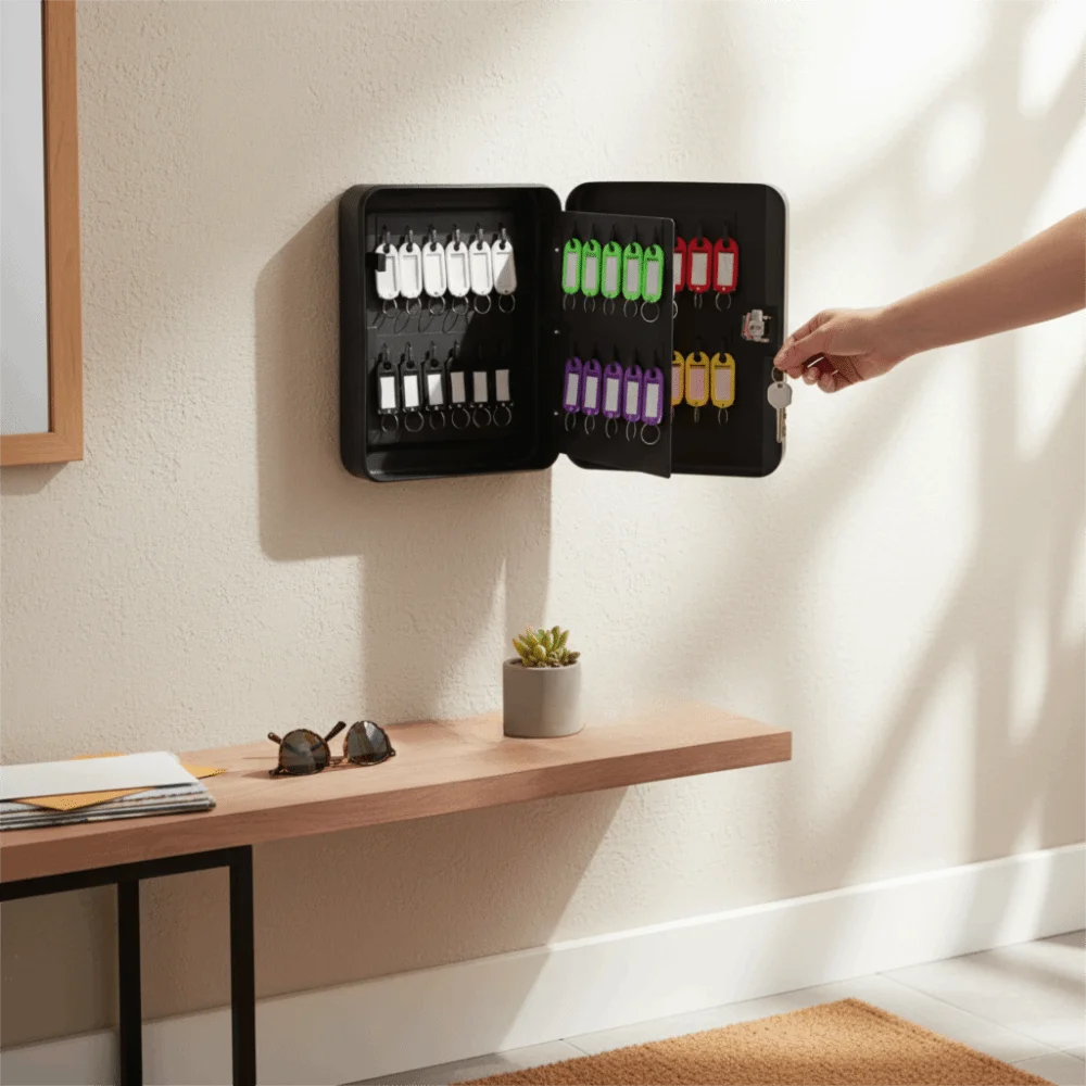

Metal Construction Key Box Security Lock Wall Mount Key Cabinet Key Card Slot Holds 20 Keys Key Storage Box Organizer