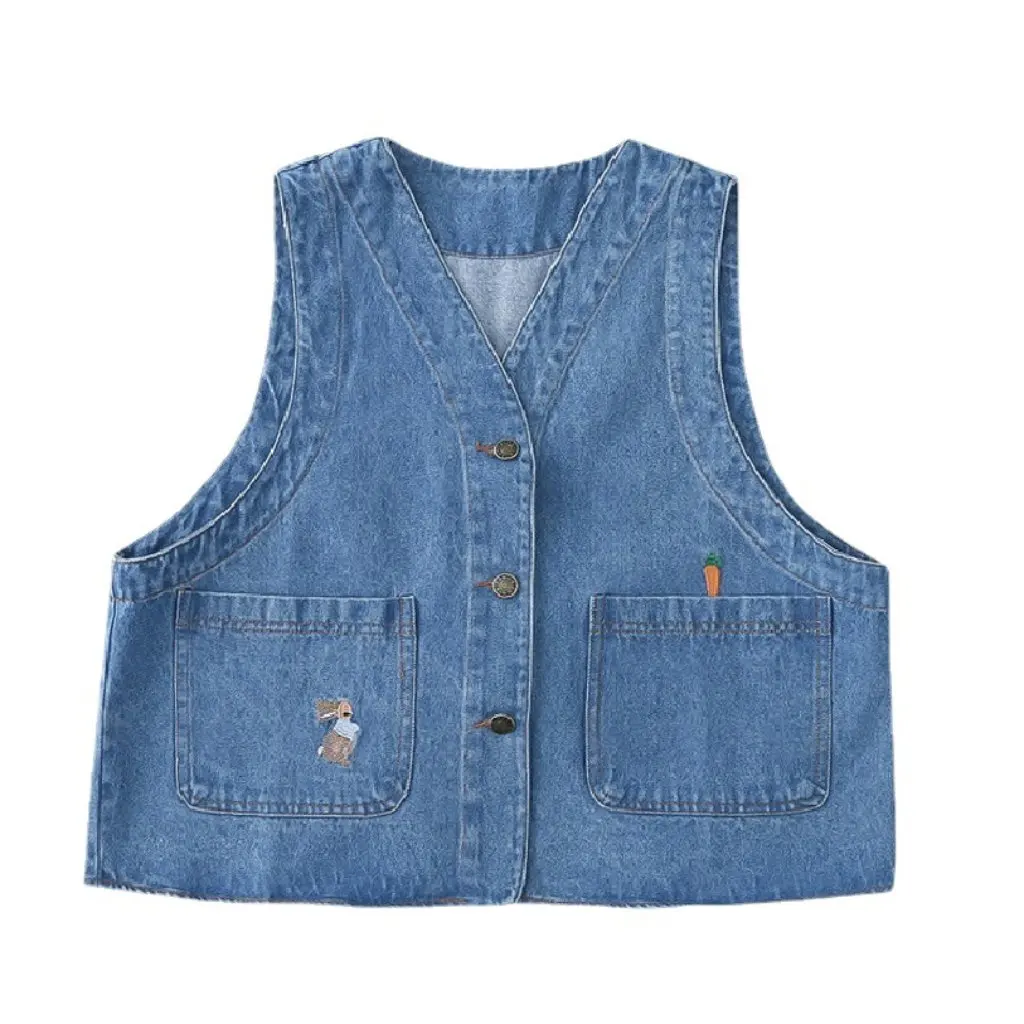 

Mori Style Women's V-Neck Sleeveless Denim Vest Japanese Age-Reducing Cartoon Embroidery Loose Top for Ladies