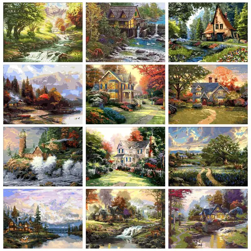 GATYZTORY Modern Painting By Numbers Countryside Landscape Home Decors Wooden House Acrylic Paints Gift Handmade Kill Time