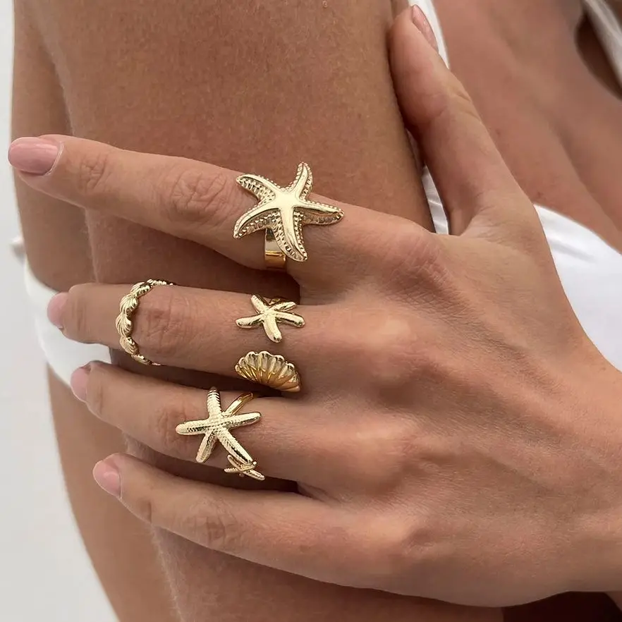 DIEZI Exaggerated Vintage Starfish Metal Rings For Women Men Fashion Punk Gold Silver Color Knuckle Joint Ring Set Jewelry
