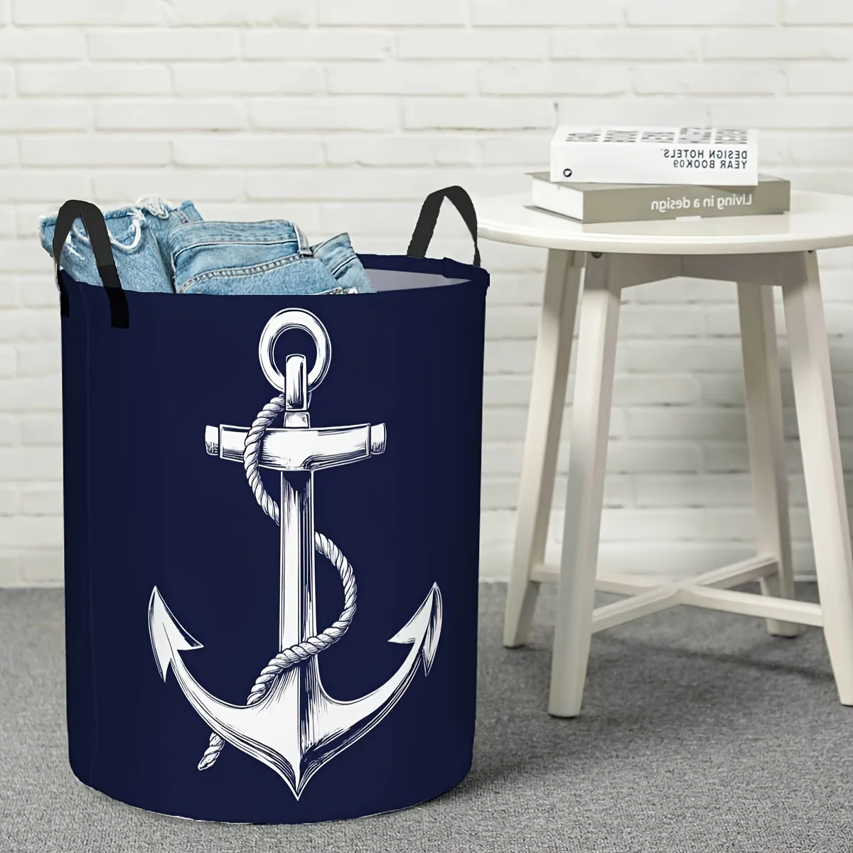 

Nautical Anchor Rope Laundry Basket Heavy Duty Laundry Hamper with Sturdy Handles Navy Blue White Maritime Design