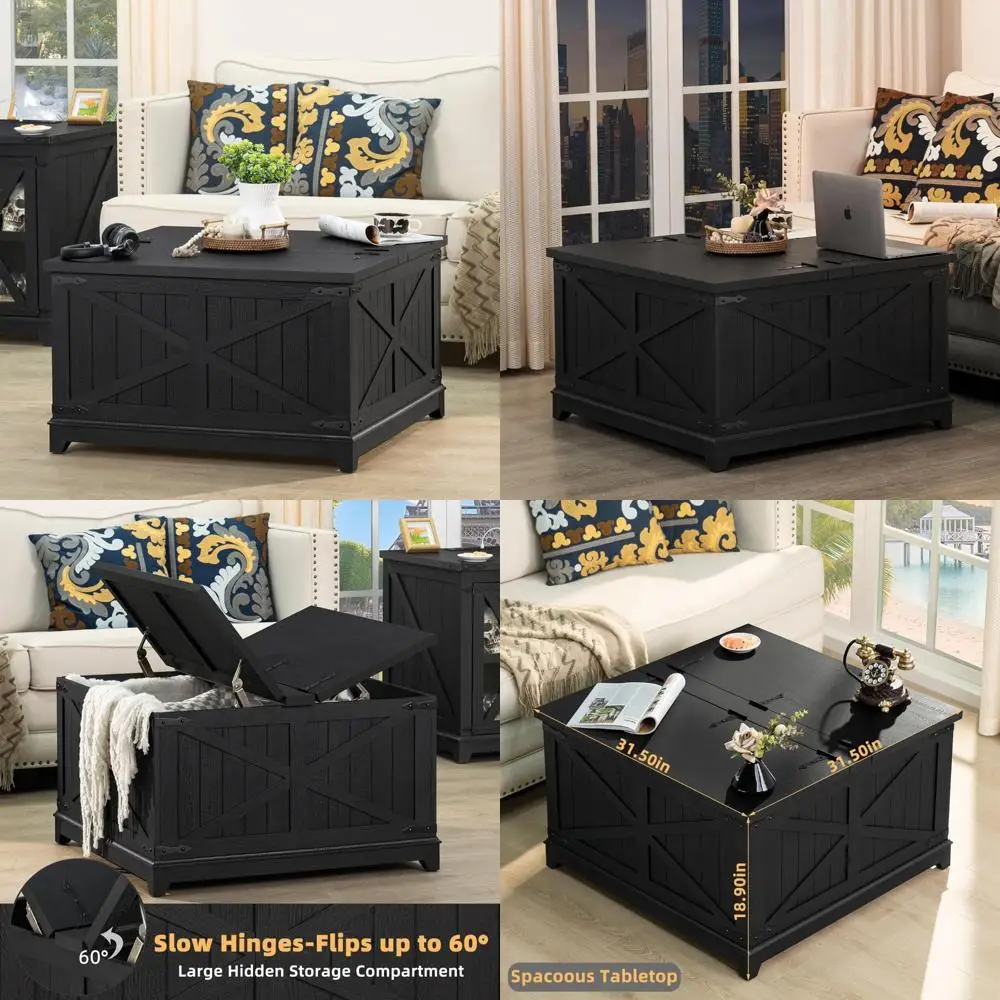 Large Modern Farmhouse Coffee Table with Hidden Storage, Black Square Centerpiece for Living Room, Low Wood Design with Organize