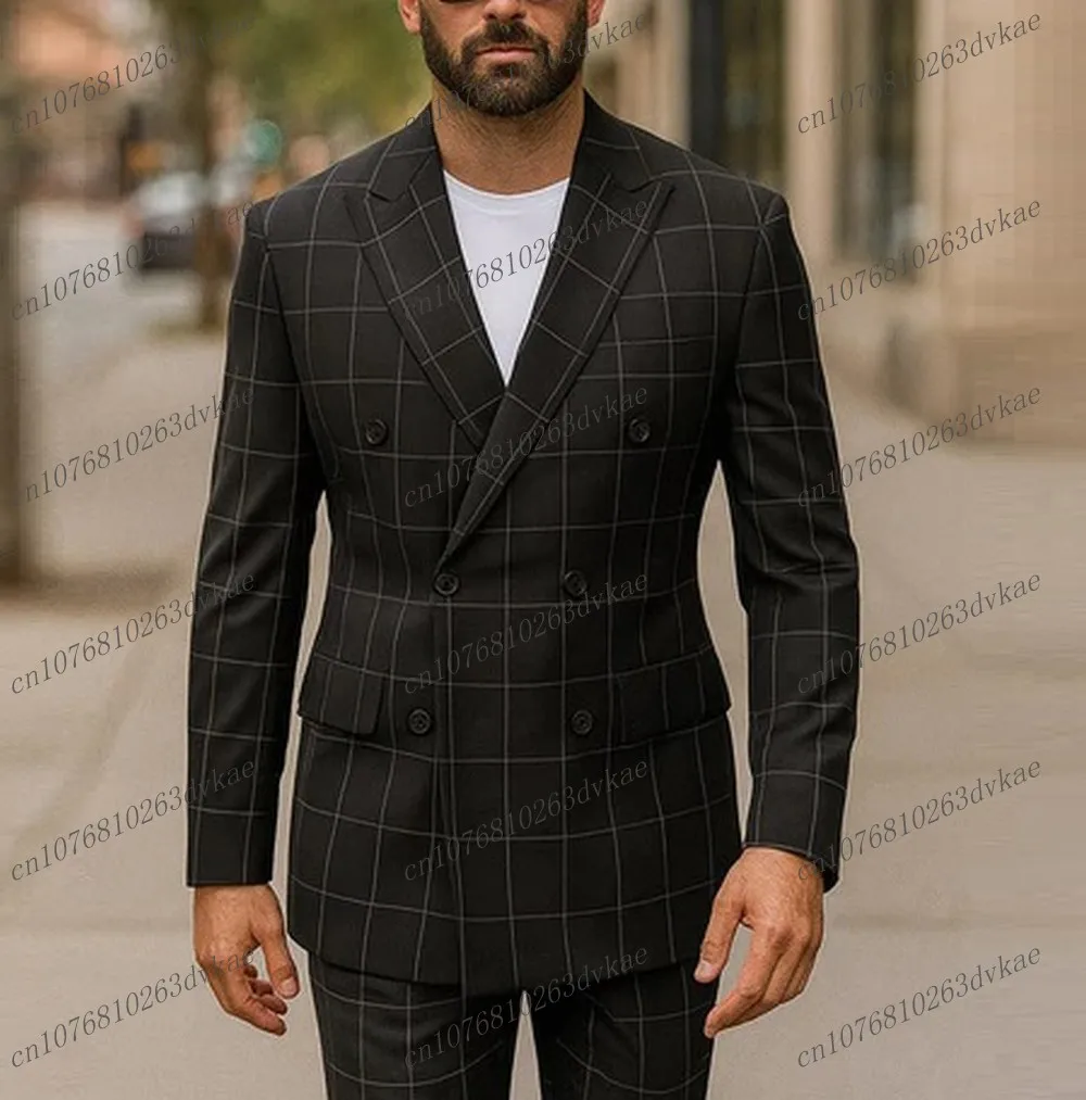 

New Plaid Black Men Suit Groom Groomsman Wedding Party Formal Business Prom Male Tuxedos 3 Piece Set Blazer Vest Pants