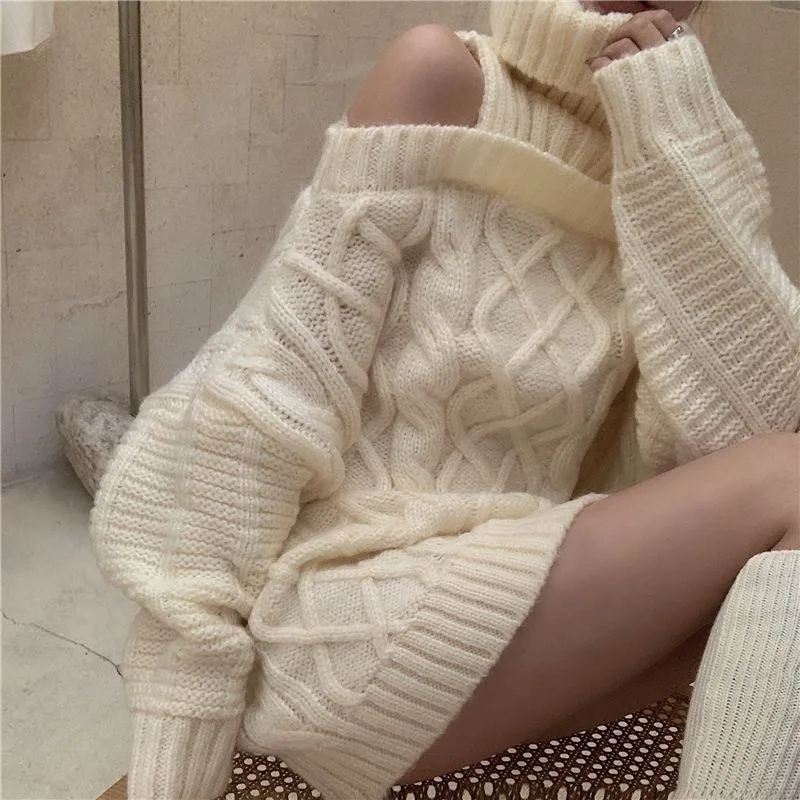 

2025 New Autumn Winter Korean Style Sweaters Knitted Solid Pullovers Turtleneck Sweater Women Warm Off Shoulders Womens Clothes