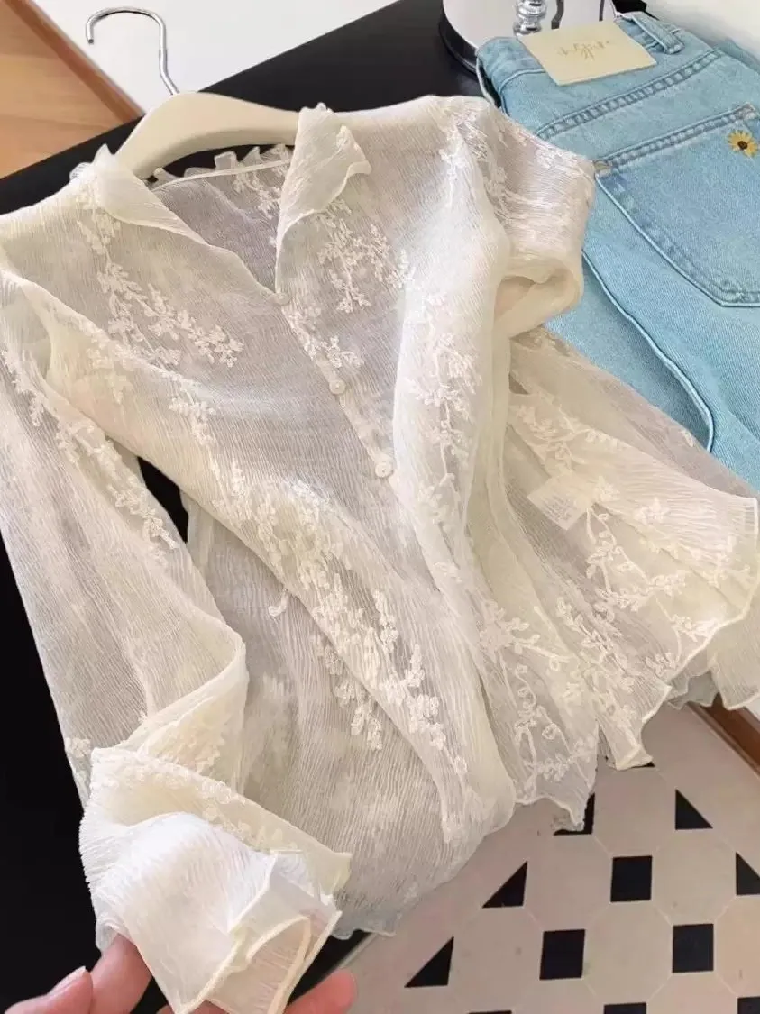Elegant V-Neck Lace Embroidery Open Cardigan Thin Pure Desire Semi-Transparent Unique Design Spring Autumn Women's Shirt