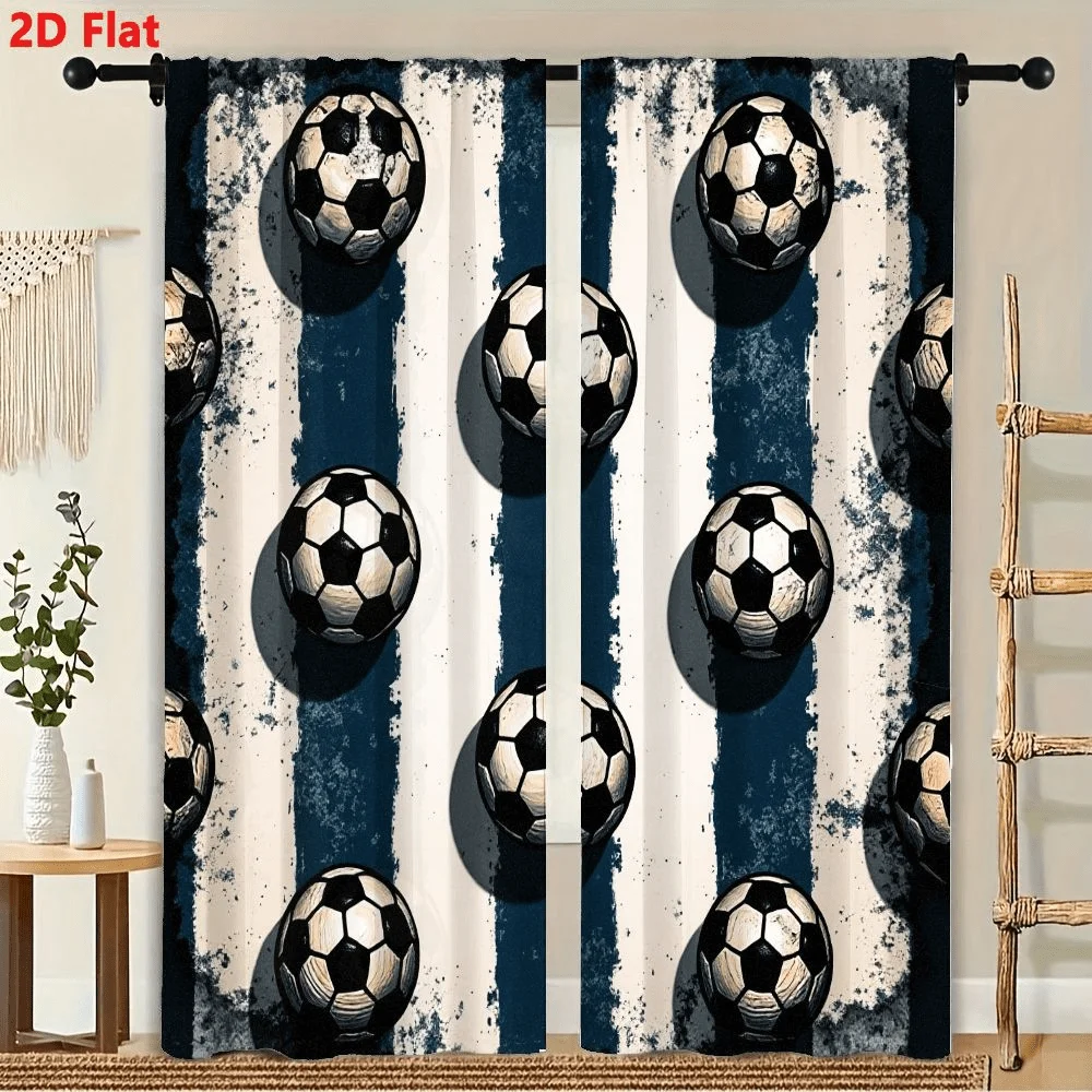

2Pcs Curtains Black And White Soccer Balls Blue And Cream Window Drapes for Bedroom Room Decor Decoration Window Treatment.