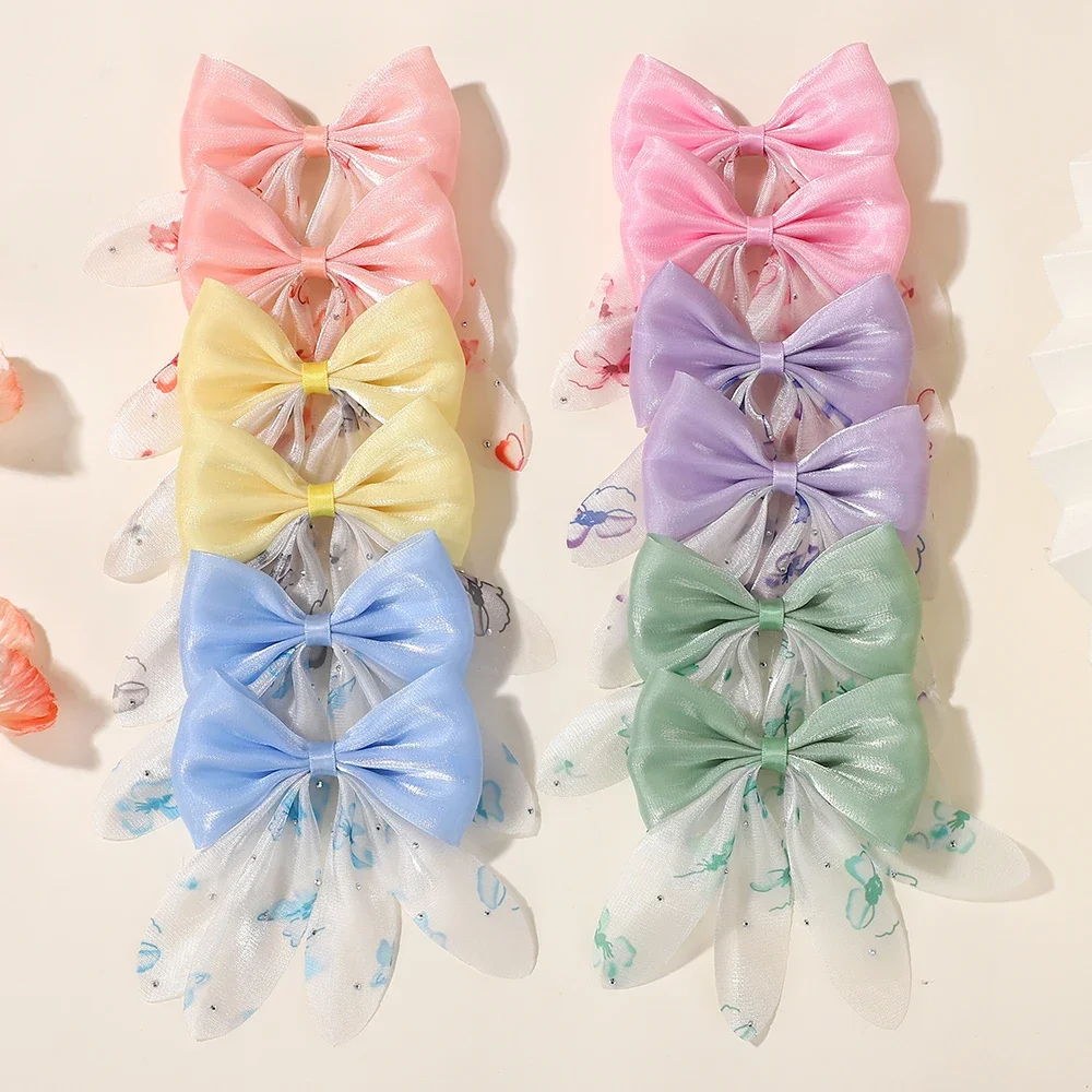

2pcs/Set Multi-Color Sweet Bow Hairpins Chiffon Printed Hair Clips Girls Princess Holiday Party Hair Accessories Claw Gift