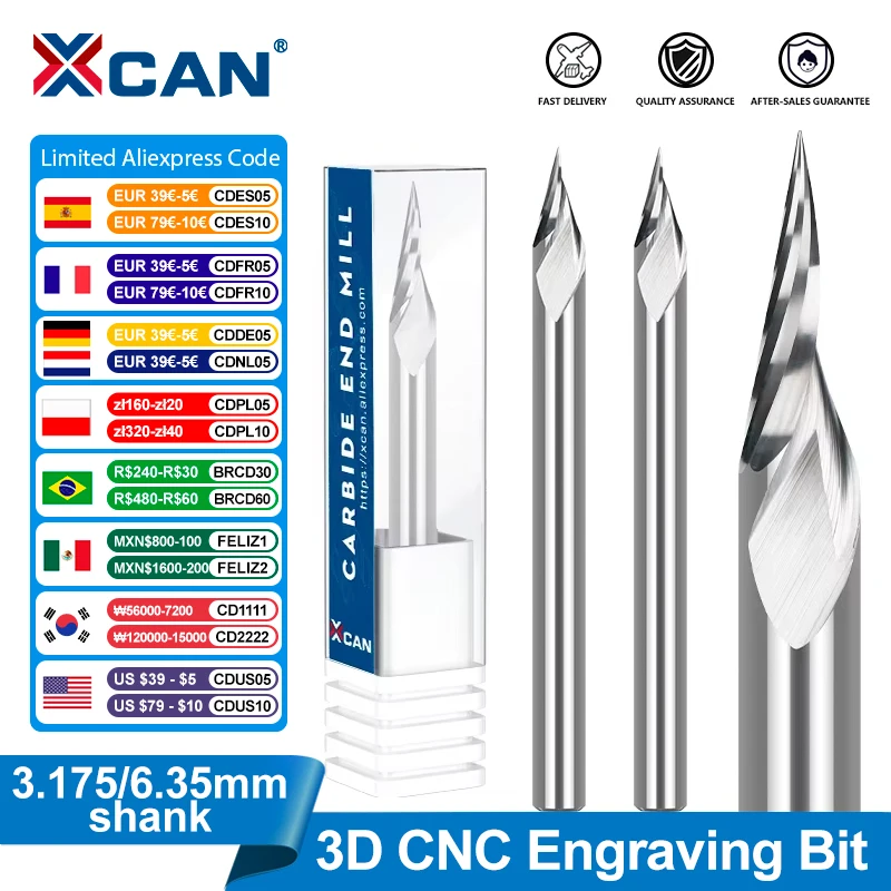 XCAN 3D Khắc Bit 3.175 4 6 6.35Mm Vít CNC Router Bit Carbide Cấp Cối Xay V Khe Cắm Bit Xay dao Cắt Cho Chế Biến Gỗ