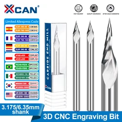 Fresadora XCAN 3D Gravura Bit 3.175 4 6 6.35mm Shank CNC Router Bit Carbide End Mill V Slot Bit para Carpintaria