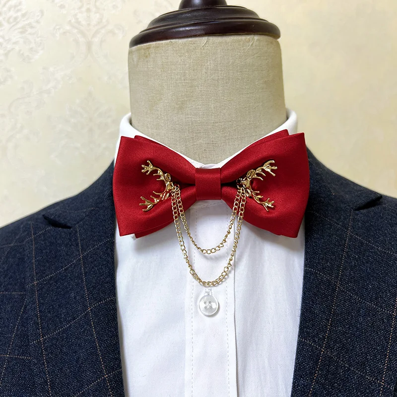 

Upscale White Shirt Tassel Chain Rhinestone Bow Tie Bowtie Wedding Best Man Bowknot Red Luxury Formal Dress Gifts for Men