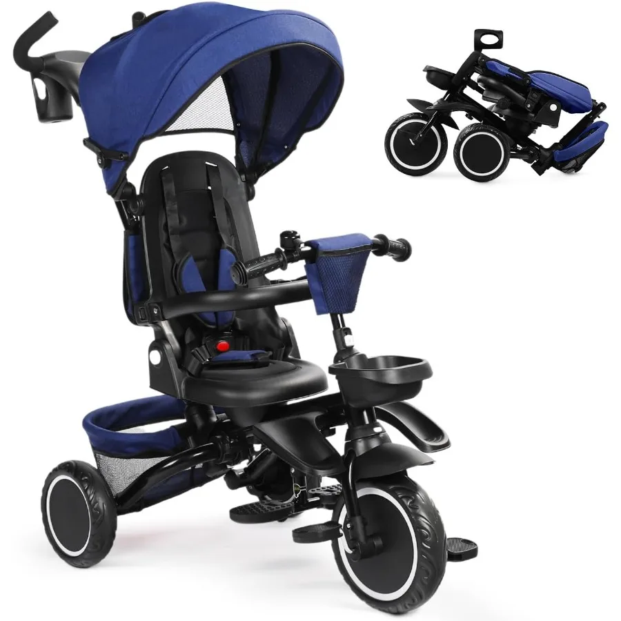 Opvouwbare driewieler 8-in-1 babydriewieler met verwijderbare en verstelbare luifel Ouderhandgreep 5-poorts veiligheidsharnas Peuterfietskinderwagen