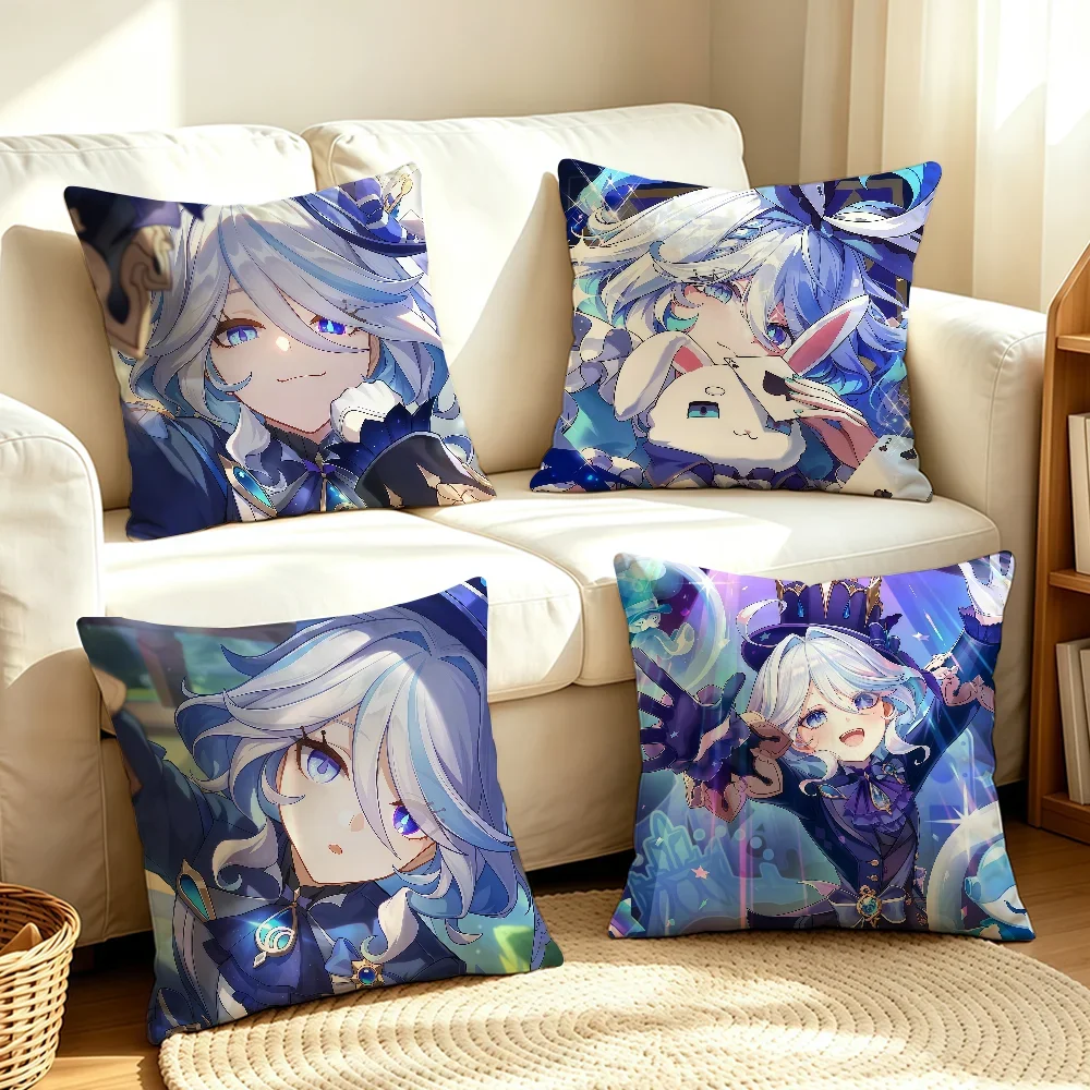Furina Game Genshin Impact Blue cushion cover Soft Smooth Pillow Case Hidden Zipper Washable Decorative Couch Office Gift