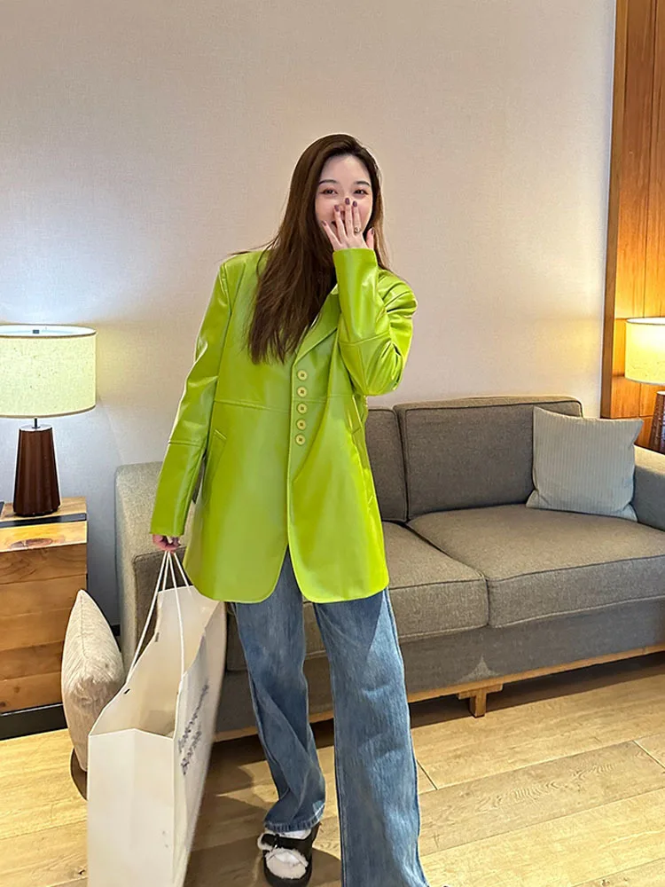 Spring Autumn Green Oversized PU Leather Jacket Long Sleeve Lapel Single Breasted Blazer Loose Korean Fashion 2023 Y2K