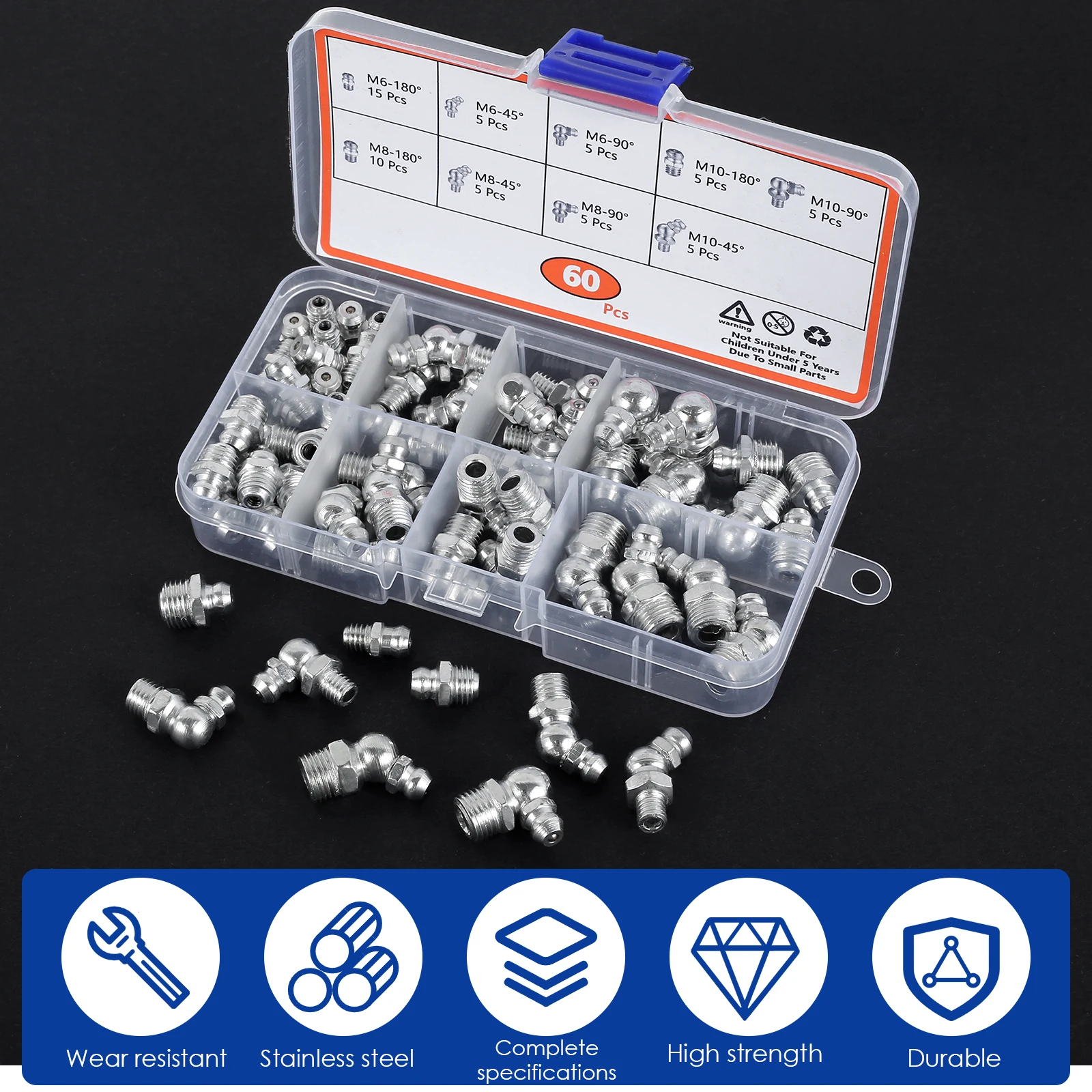 60/120Pcs Metric Grease Fitting Kit 9 Type Galvanized Metal Hydraulic Grease Zerk Assortment Set M6 M8 M10 Vehicle Nozzle Fuel