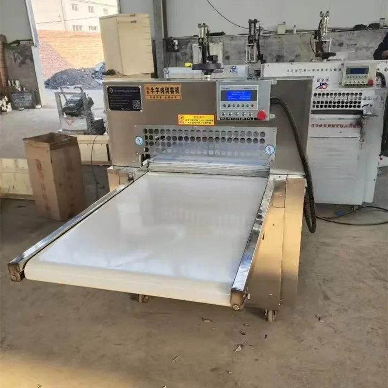 Commercial stainless steel automatic numerical control mutton roll bacon slicer cutting frozen meat slicer belt conveyor