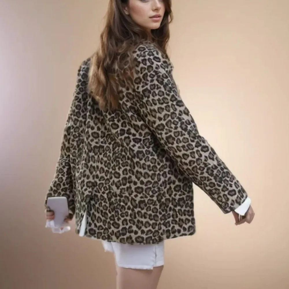 2024 Streetwear Coffee Leopard Long Hairy Shaggy Blazer Boyfriend Vintage Women Front Pockets Loose Oversized Suit Fashion Coat