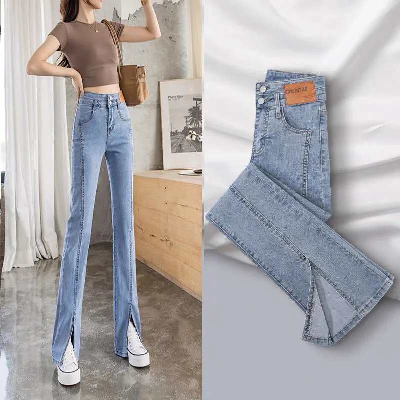 Jeans split elástico feminino, cintura alta, perna larga, calças micro queimadas, emagrecimento, sub-tendência, plus size, MM gordinho, outono, 2024