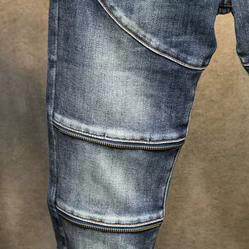 Street Fashion Men Jeans Retro Blue Elastic Skinny Fit Spliced Biker Jeans Homme Zipper Designer Hip Hop Denim Pencil Pants Men