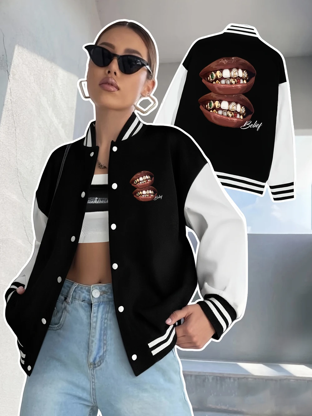 Grillz Hip-Hop Belief Prints Jackets Women Casual Pocket Baseball Jersey Street Loose Coats Winter Fleece Warm Womans Clothes