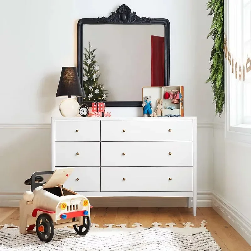 High-quality solid wood baby dresser with 6 drawers, white children's storage, baby bedroom furniture