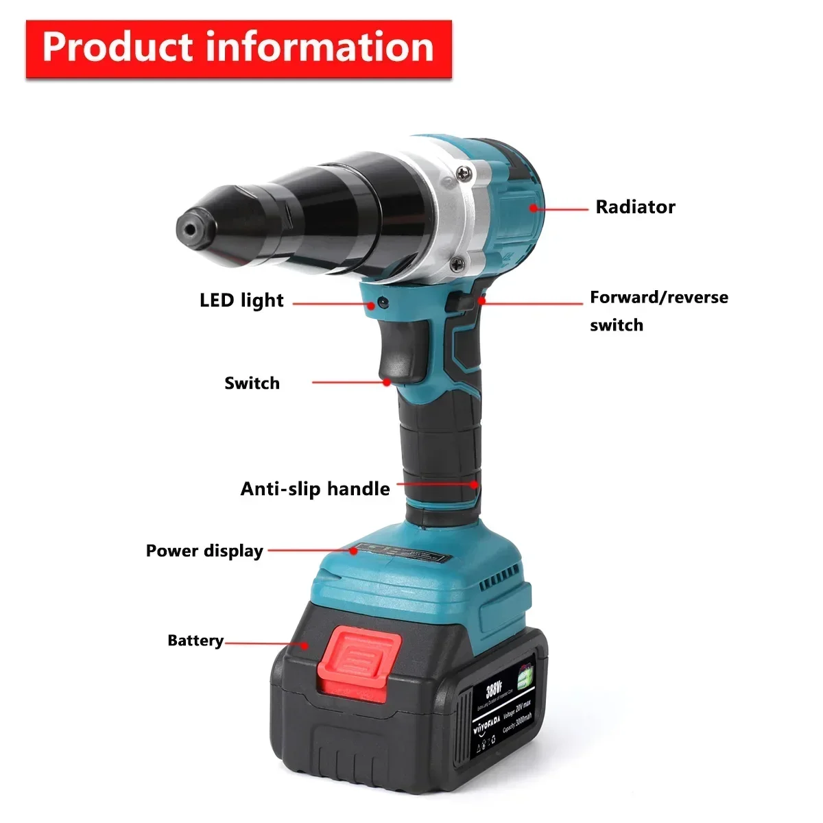 WOYOFADA 10000N Brushless Electric Rivet Gun 2.4~4.8mm Cordless Rivet Nut Gun Drill Insert Power Tools For Makita 18V Battery