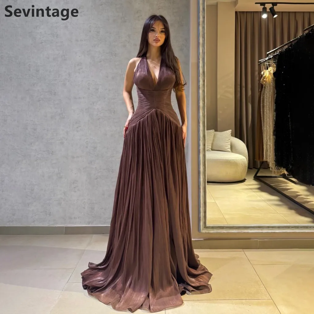 

Sevintage 2025 коричневое сексуальное вечернее платье со складками и v-образным вырезом для свадебной вечеринки, платье для выпускного вечера в Саудовской Аравии, вечернее платье в Дубае по индивидуальному заказу